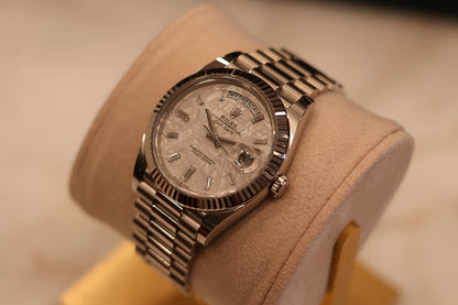 Rolex Day - Date 40 White Gold Meteorite Dial Baguette Diamonds 228239