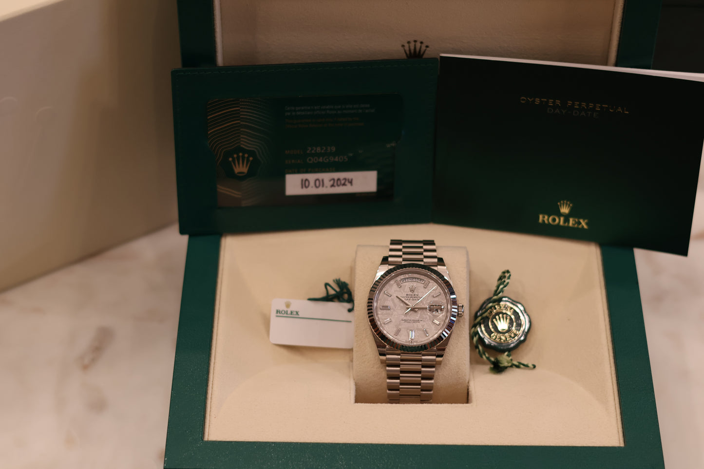 Rolex Day - Date 40 White Gold Meteorite Dial Baguette Diamonds 228239