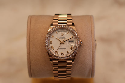 Rolex Day-Date 36 Rose Gold White Dial Factory Diamond Bezel 128345RBR