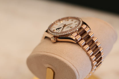 Rolex Day-Date 36 Rose Gold White Dial Factory Diamond Bezel 128345RBR