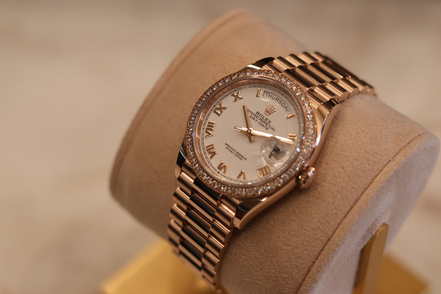 Rolex Day-Date 36 Rose Gold White Dial Factory Diamond Bezel 128345RBR
