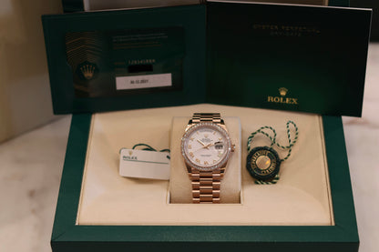 Rolex Day-Date 36 Rose Gold White Dial Factory Diamond Bezel 128345RBR