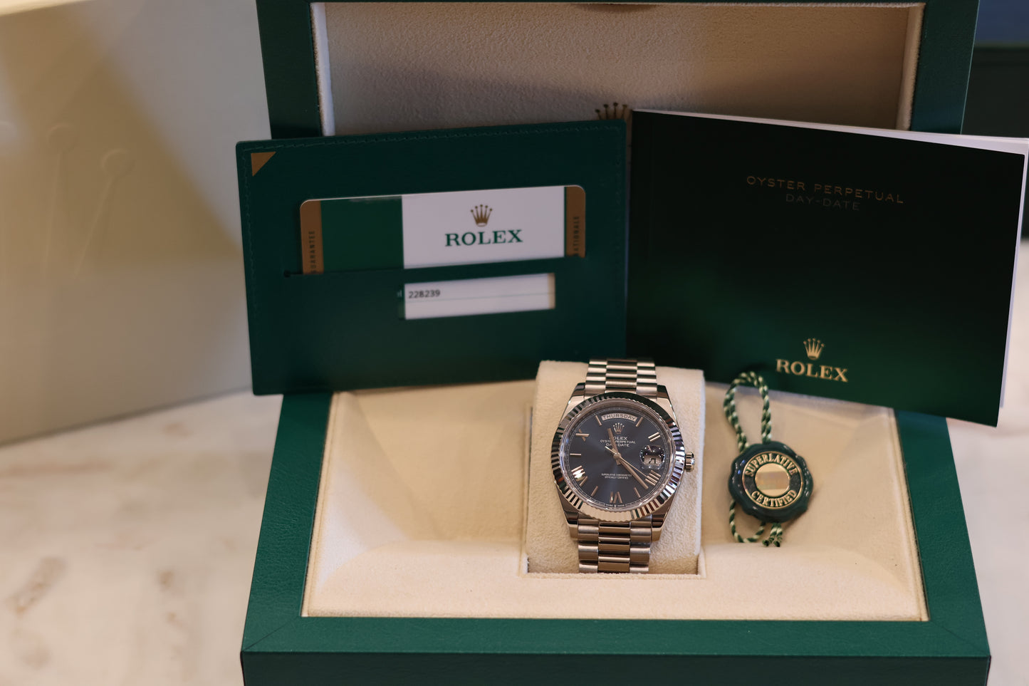 Rolex Day-Date 40 White Gold Blue Dial 228239