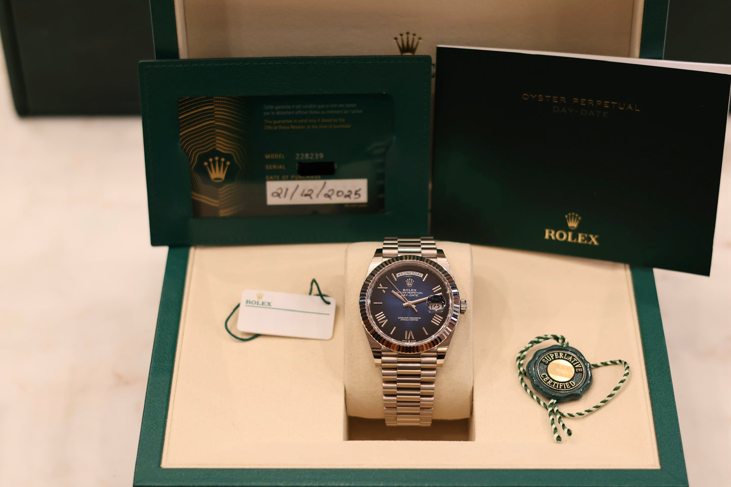 Rolex Day-Date 40 White Gold Blue Ombre Dial 228239